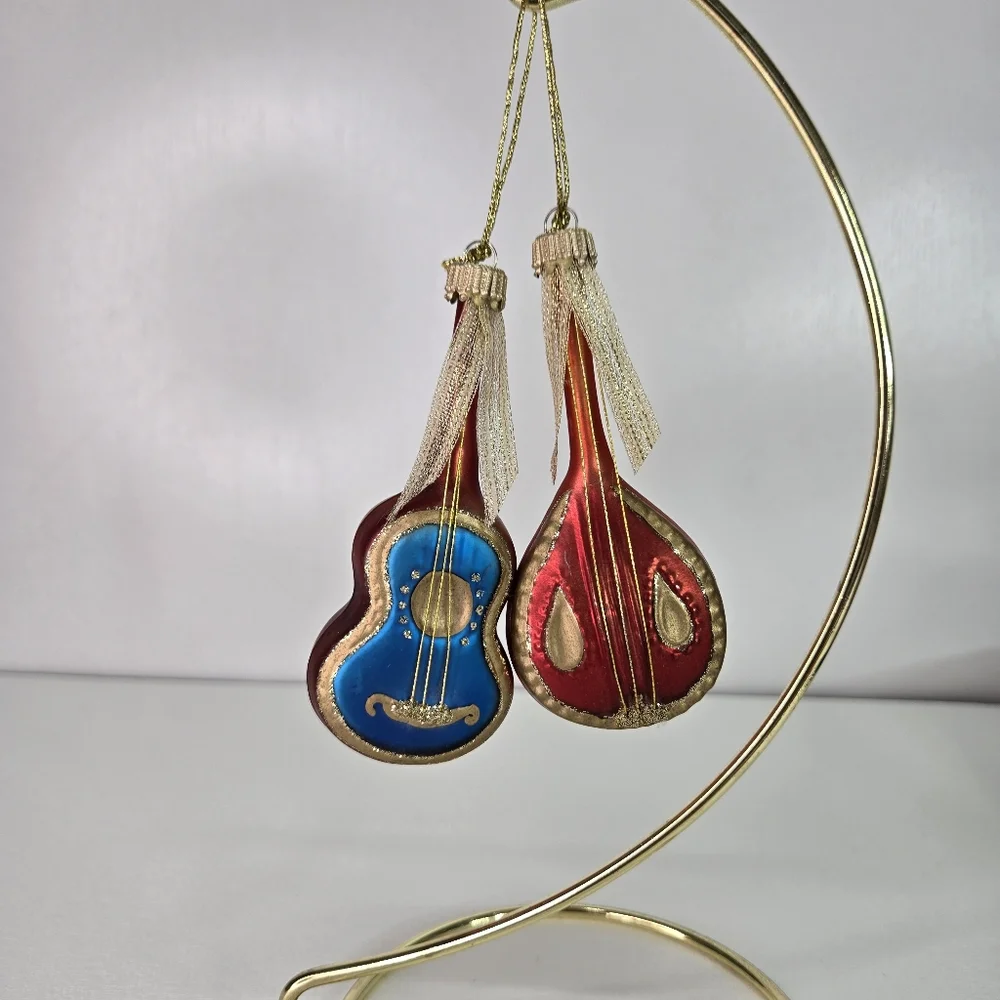 VTG Mercury Glass Hand Painted Mandolin Music Instruments Guitars ‎ Red Blue MCM